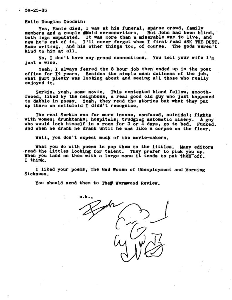 Charles Bukowski Letter to Douglas Goodwin, May 25, 1983