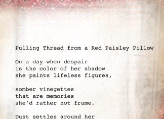 Pulling Thread from a Red Paisley Pillow