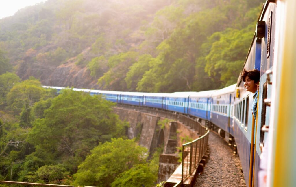 this train rides through dusk