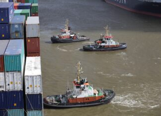 River Angel cargo ships in front of piled intermodal containers