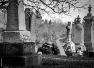 St. Christopher grayscale photography of cemetery