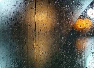 Memoriam in light rain a wet window with a traffic light on it