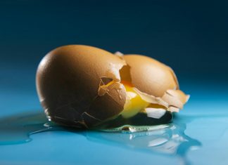 The Price of Eggs A detailed image showcasing a cracked egg with yolk spilling out on a blue surface.