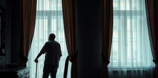 From the Retirement Home, Emailing Love Letters to My Dead Wife Silhouette of an elderly man standing with cane, gazing out of curtain-covered window.