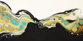 (post 37-38) – Rehearsal for Reversal an abstract painting with black, yellow, and blue colors