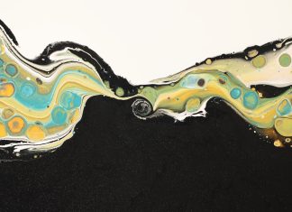 (post 37-38) – Rehearsal for Reversal an abstract painting with black, yellow, and blue colors