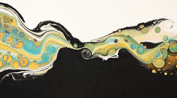 (post 37-38) – Rehearsal for Reversal an abstract painting with black, yellow, and blue colors